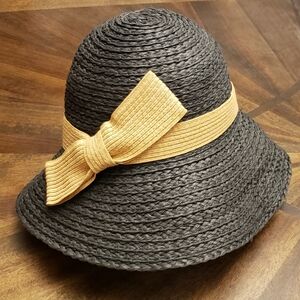 INC International Concepts Straw Bow Kettle Hat Black Floppy Sun Hat One Size
